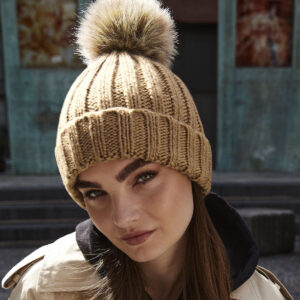 Beechfield Faux Fur Pop Pom Chunky Beanie