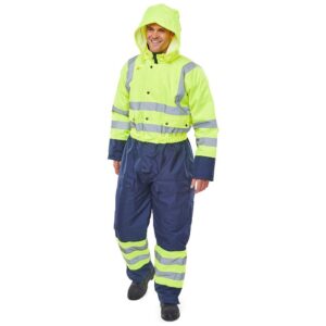 hi vis yellow and navy waterproof coverall