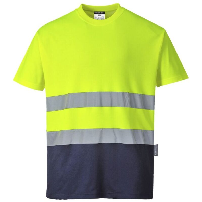 Portwest Hi-Vis Cotton Comfort Contrast T-Shirt Short Sleeve - Yellow/Navy
