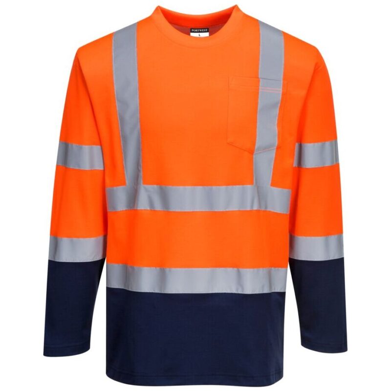 Portwest Hi-Vis Cotton Comfort Contrast T-Shirt Long Sleeve - Orange/Navy