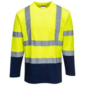 Portwest Hi-Vis Cotton Comfort Contrast T-Shirt Long Sleeve - Yellow/Navy