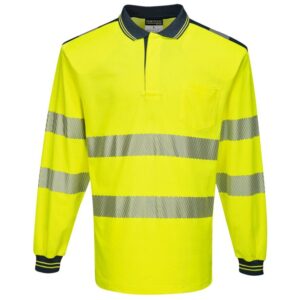 Portwest PW3 Hi-Vis Cotton Comfort Polo Shirt Long Sleeve - Yellow/Navy