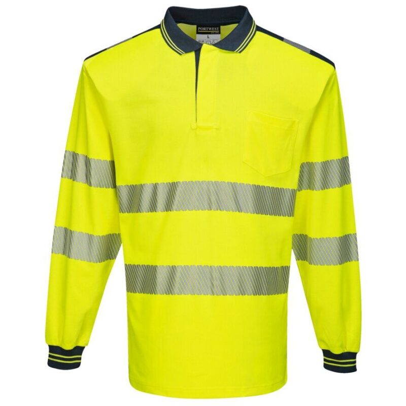 Portwest PW3 Hi-Vis Cotton Comfort Polo Shirt Long Sleeve - Yellow/Navy
