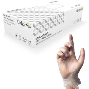 Unigloves clear vinyl gloves shown on hand. Box of 100.