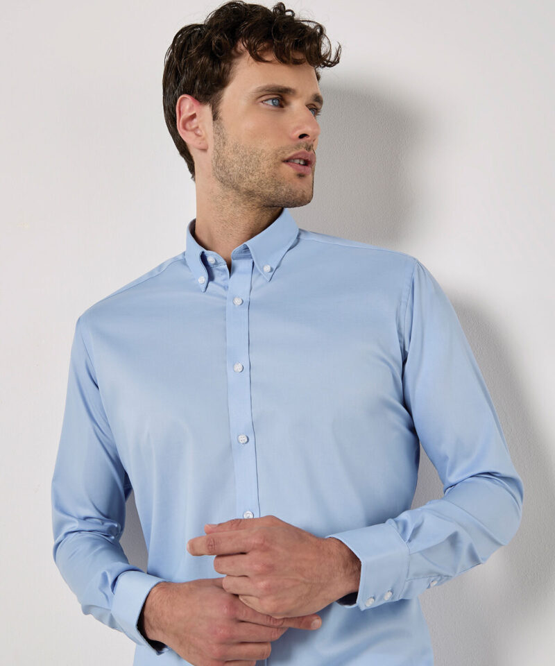 Kustom Kit Slim Fit Stretch Long Sleeve Oxford Shirt