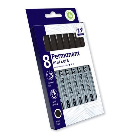 A* Stationery Black Permanent Marker Pens Quick Drying Pack of 8
