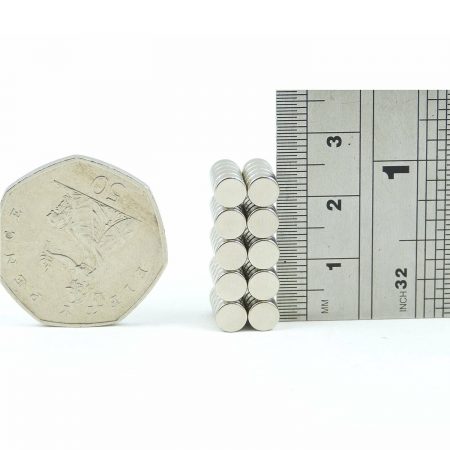 5mm x 2mm neodymium magnets comparison in size to 50p