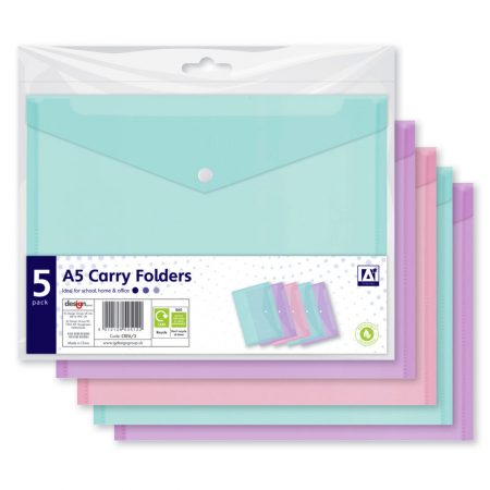 A* Stationery A5 Document Wallets 5 Assorted Pastel Colour Plastic Carry Folder